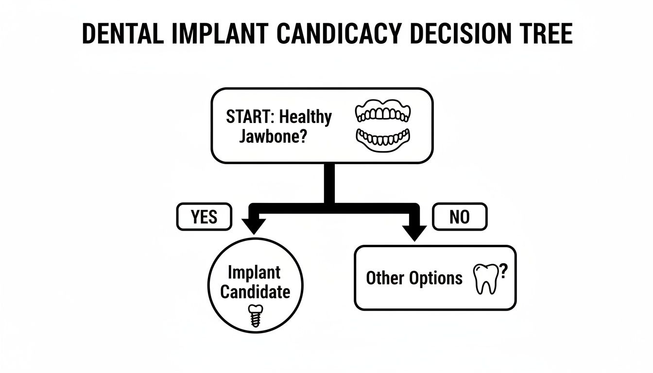 A decision tree illustrating dental implant candidacy based on healthy jawbone condition.