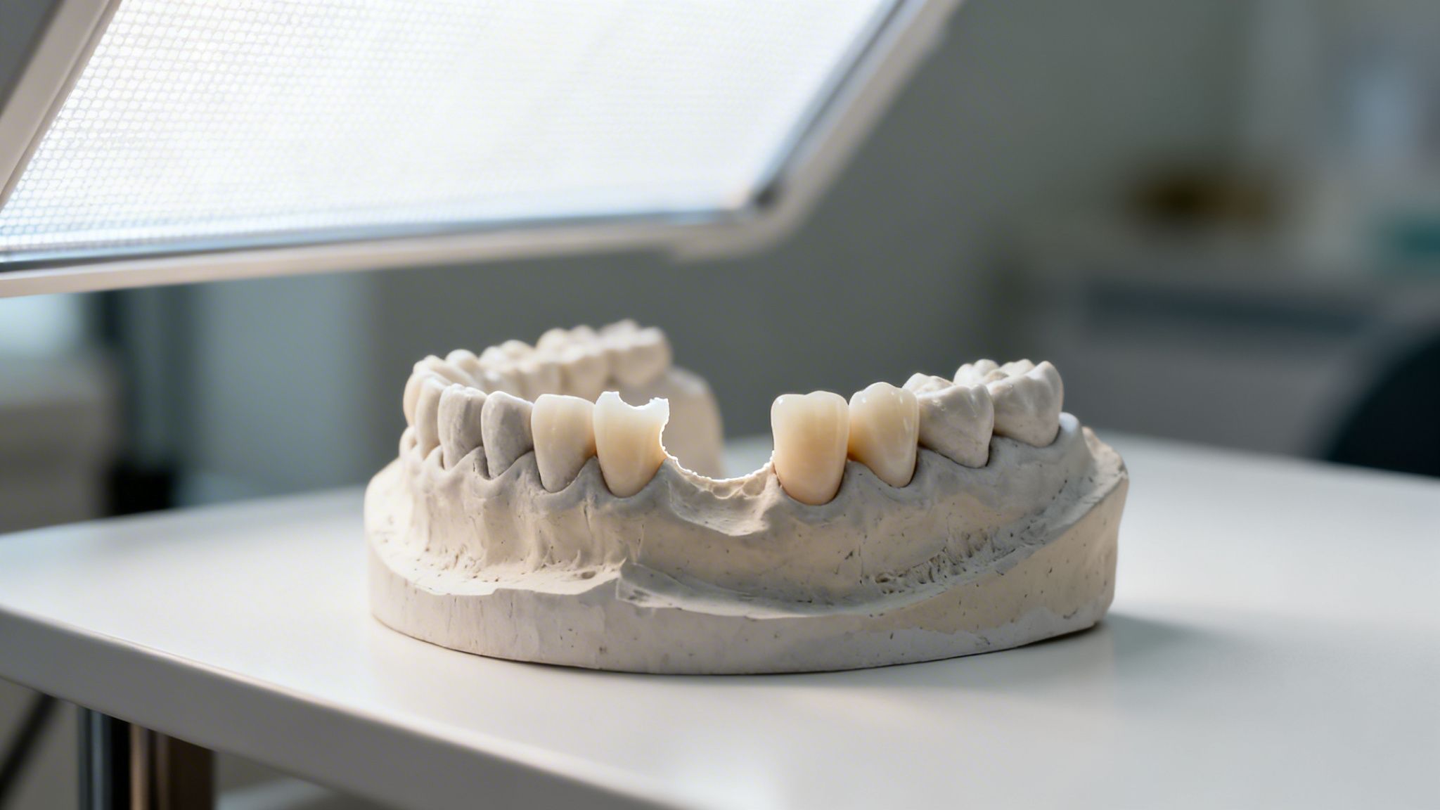 A plaster dental model showcasing prosthetic crowns and a gap, demonstrating solutions for missing teeth.