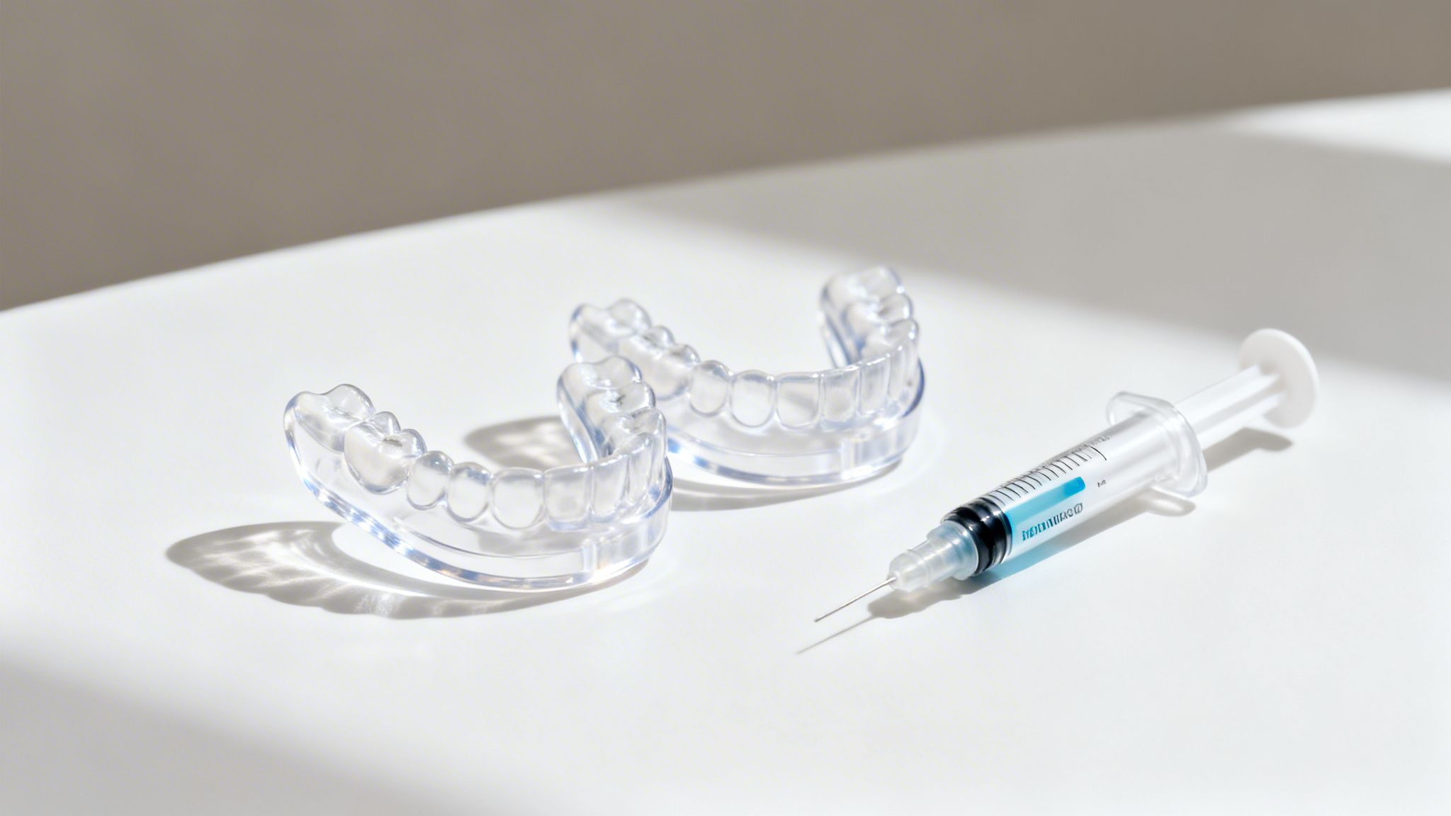 Two clear dental aligners and a syringe with blue liquid on a white surface.