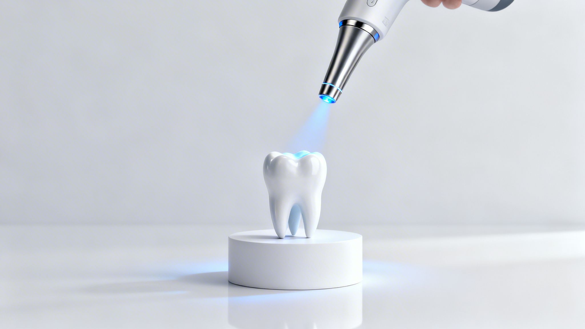 A dental curing light shines blue light onto a white tooth model on a pedestal.