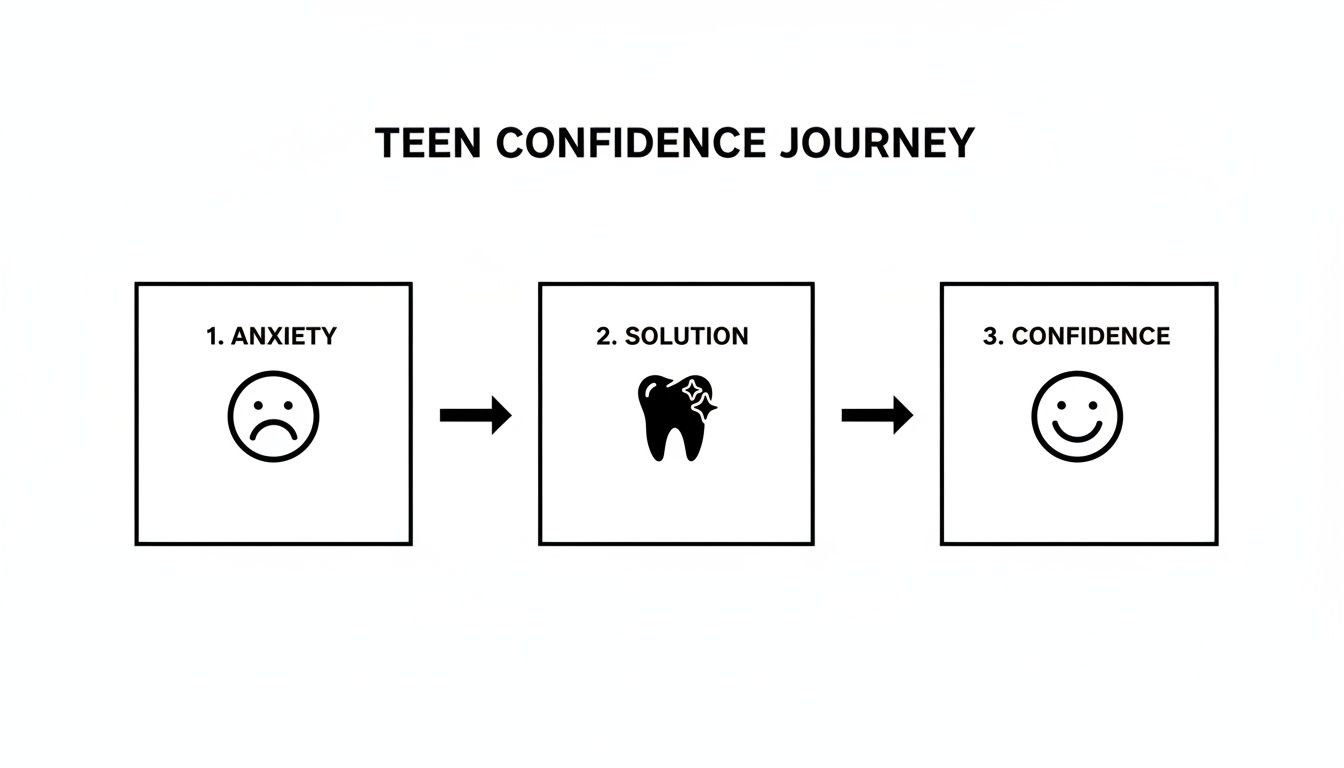 Infographic illustrating a teen's journey from anxiety to confidence, facilitated by a dental solution shown as a sparkling tooth.