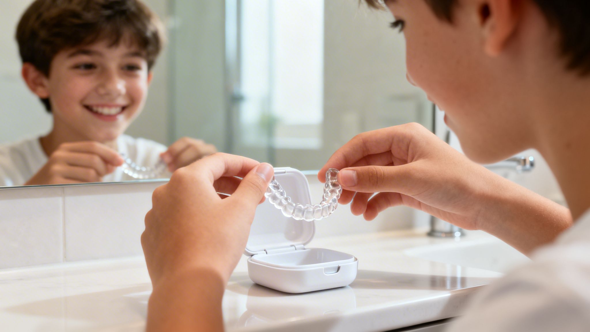 Smiling boy holding clear aligners in front of a mirror, preparing to wear them.