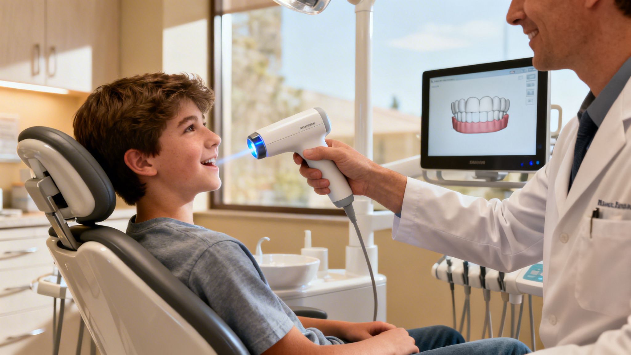 A smiling teen boy gets an intraoral dental scan for clear aligners, with a digital teeth model on screen.
