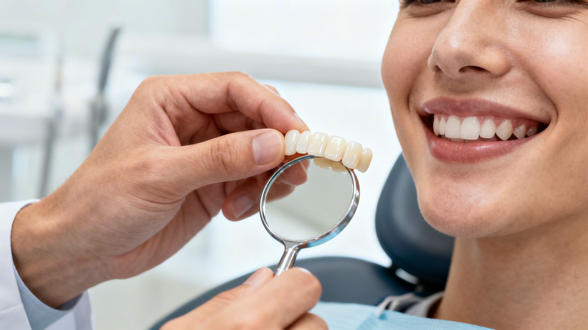 Dentist holding a dental bridge and mirror, showing it to a smiling female patient for review.