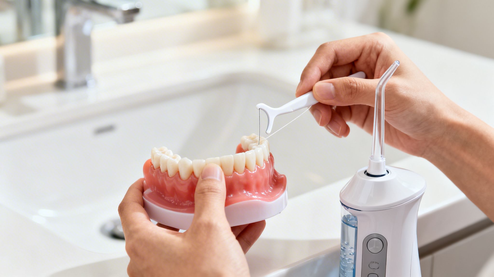 Hands demonstrate flossing on a dental model with a floss pick, next to a water flosser in a bathroom.