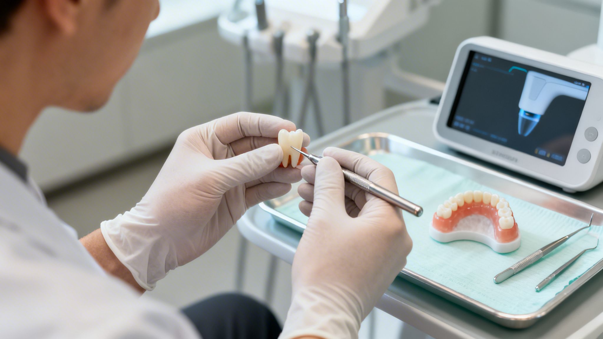 Close-up of a dentist in white gloves using a tool to work on a model tooth in a clinic.