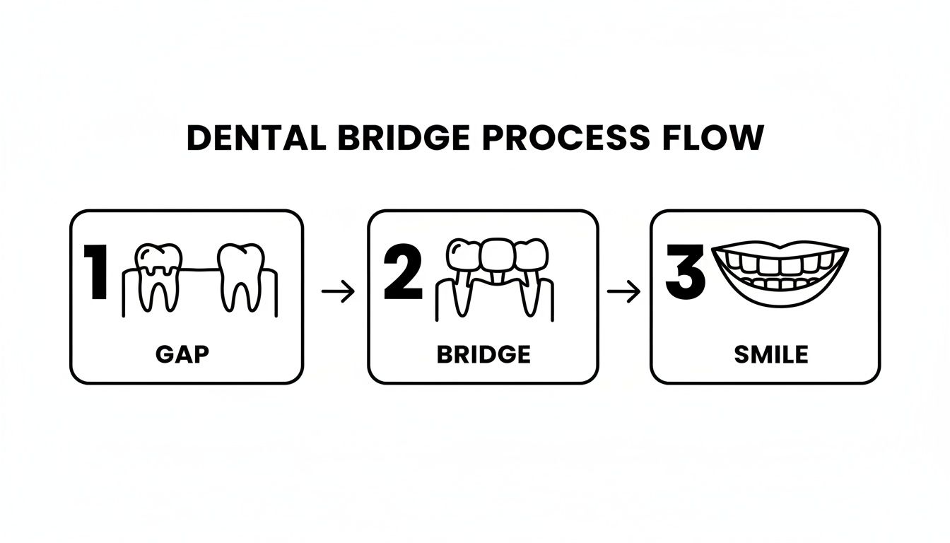 A three-step diagram illustrating the dental bridge process: from a missing tooth gap to a completed bridge and a full smile.