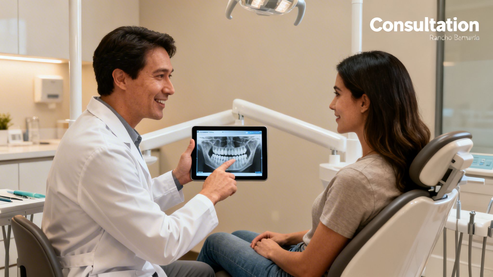 A smiling dentist shows a dental X-ray on a tablet to a female patient during a consultation.