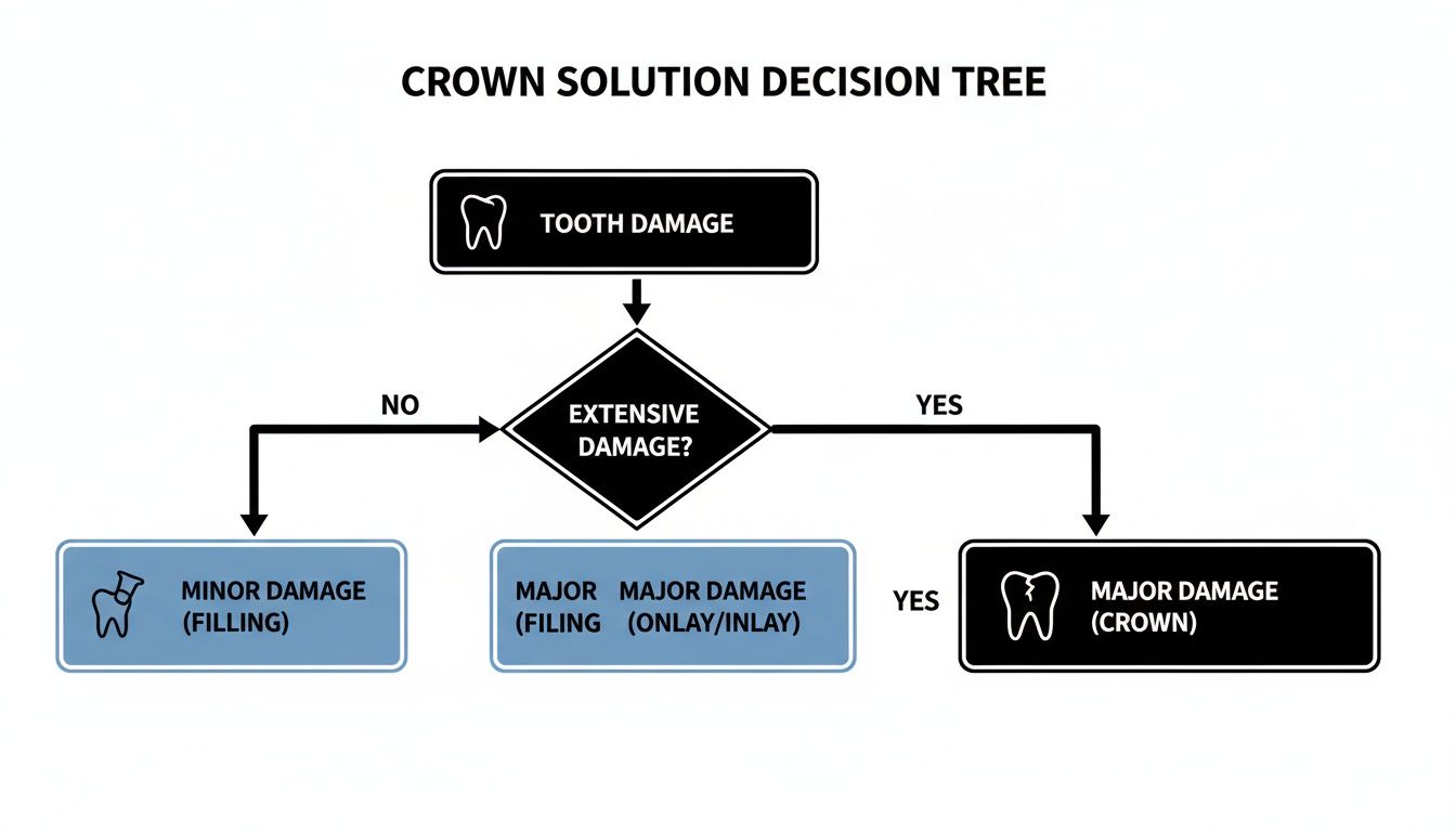 Decision tree diagram for tooth damage solutions, guiding choice between filling, onlay/inlay, or crown.