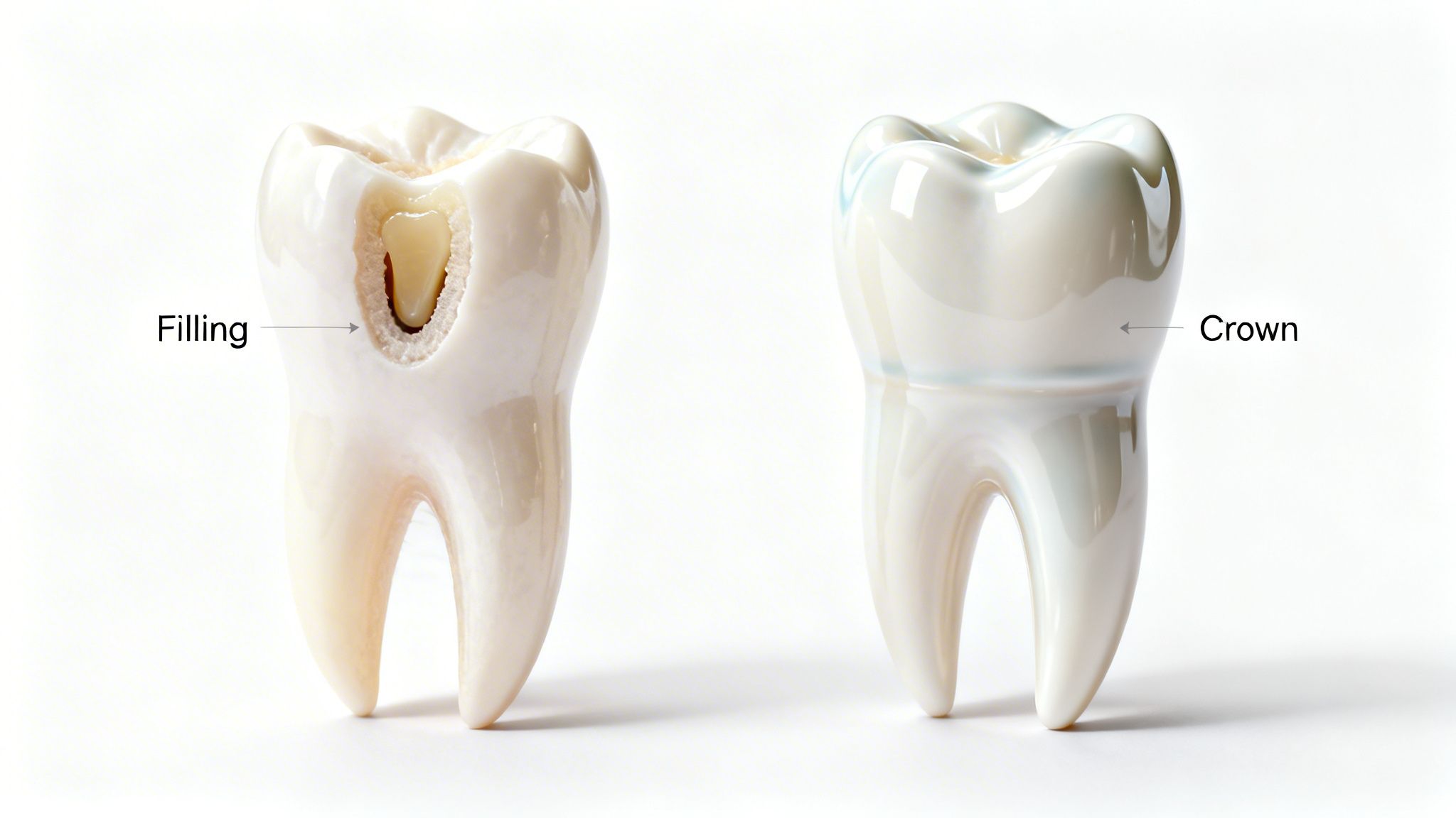 Two dental models illustrating the difference between a tooth filling and a dental crown, shown side by side.