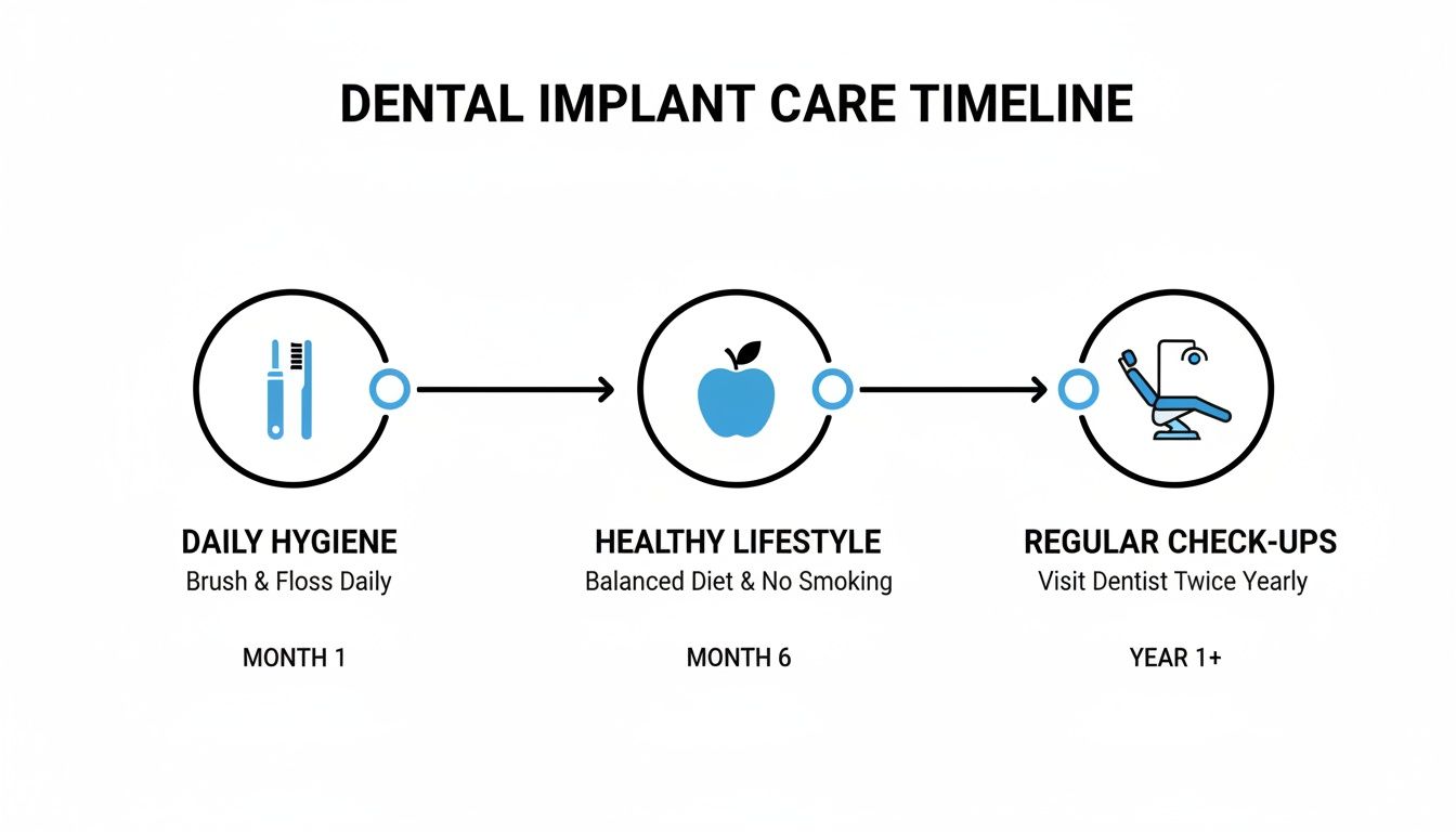 A dental implant care timeline showing daily hygiene, healthy lifestyle, and regular check-ups.