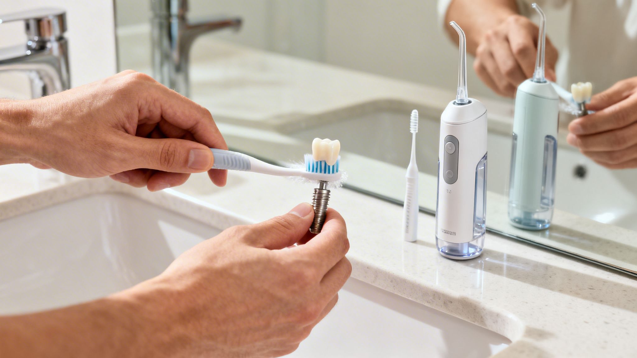 Hands demonstrating brushing a dental implant model with a toothbrush, with water flossers in a bathroom.