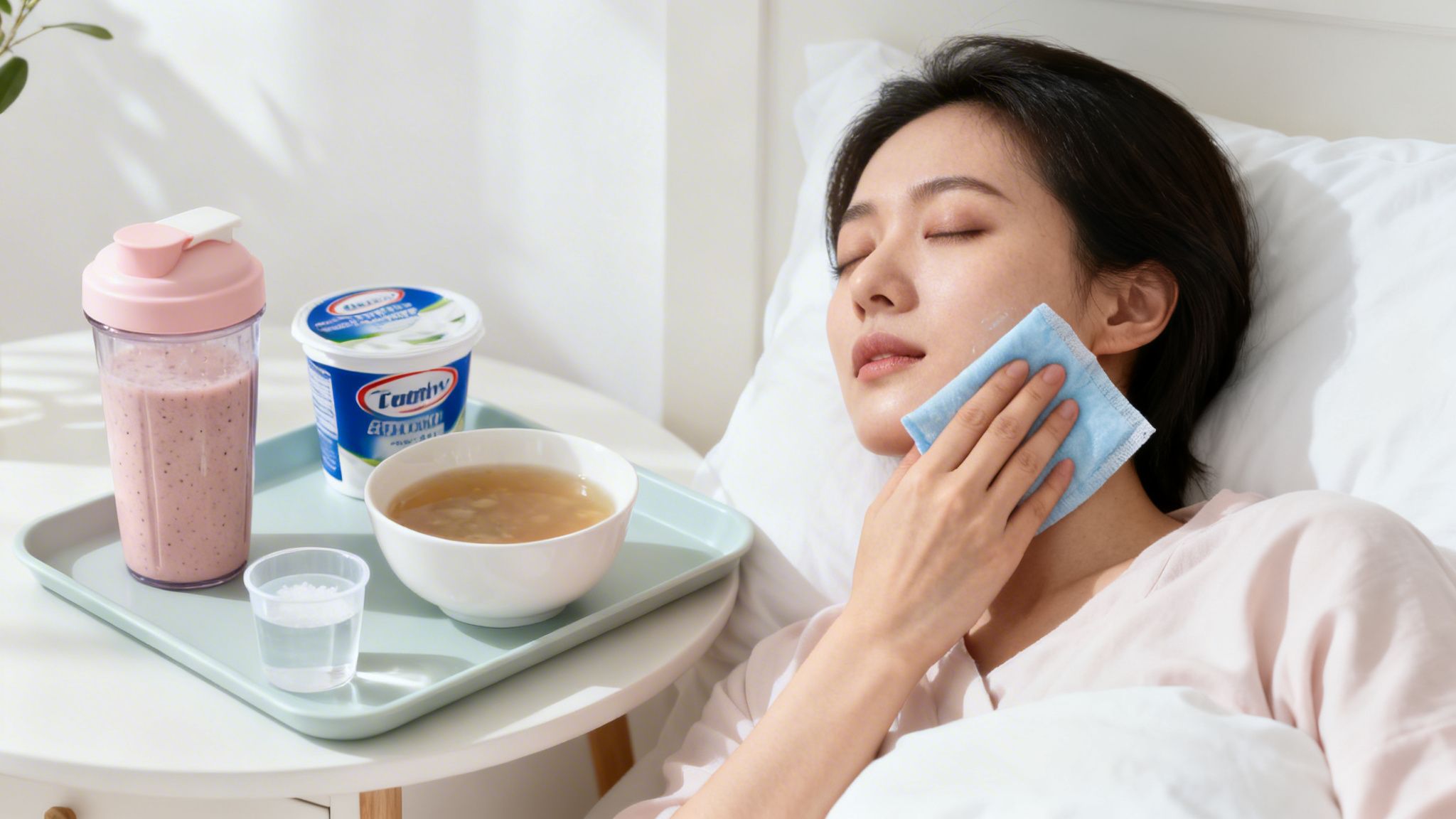 A woman rests in bed with a cool compress on her cheek, surrounded by a tray of nourishing food and drinks.