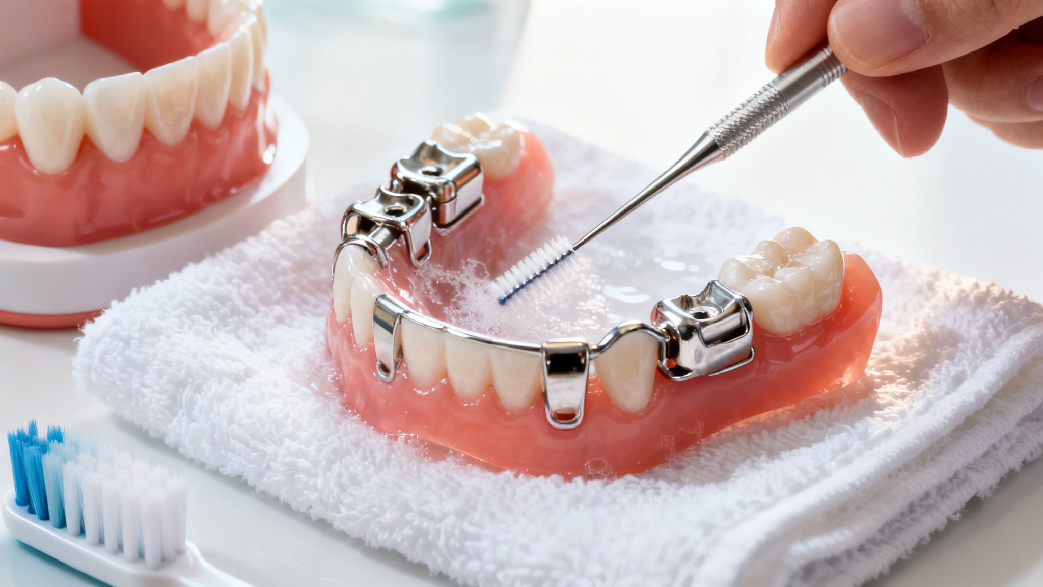 A hand cleans a partial denture with a small brush, alongside a full denture and toothbrush.