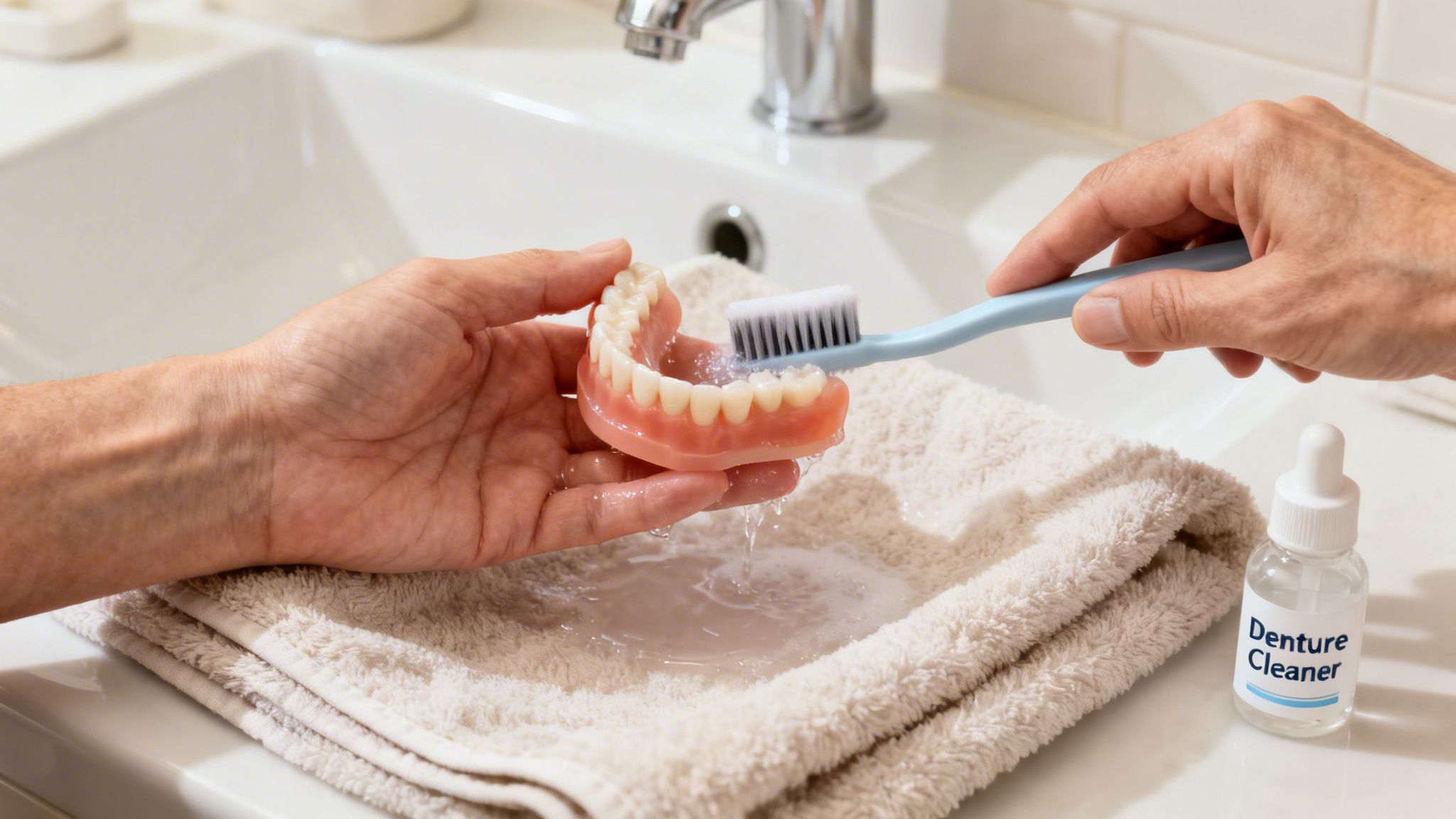 A person's hands cleaning a set of dentures with a toothbrush and denture cleaner over a bathroom sink.