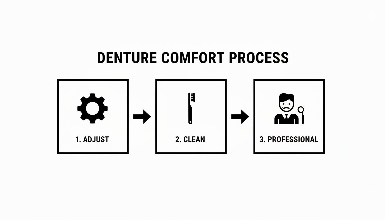 A three-step infographic detailing the denture comfort process: adjust, clean, and professional care.