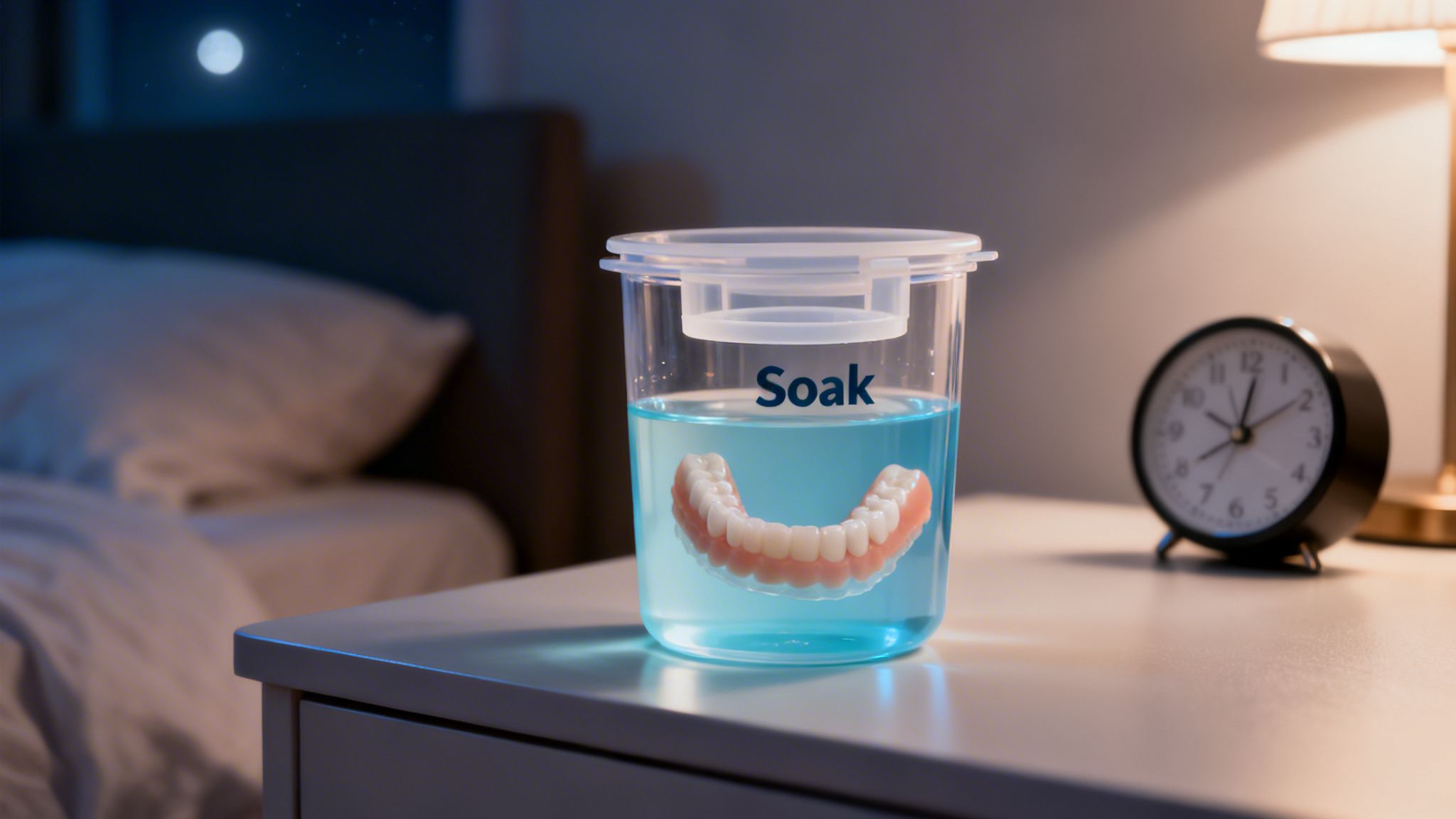 Dentures soaking in a blue liquid in a clear container on a bedside table at night.