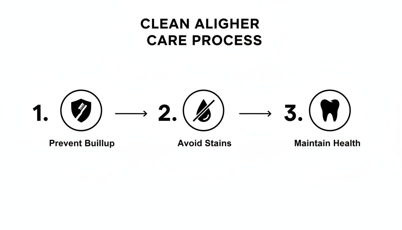 Infographic outlining the 3-step aligner care process: prevent buildup, avoid stains, and maintain oral health.