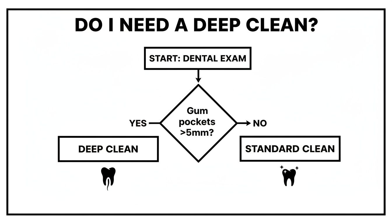 Flowchart explaining if a deep dental clean is necessary based on gum pocket depth.