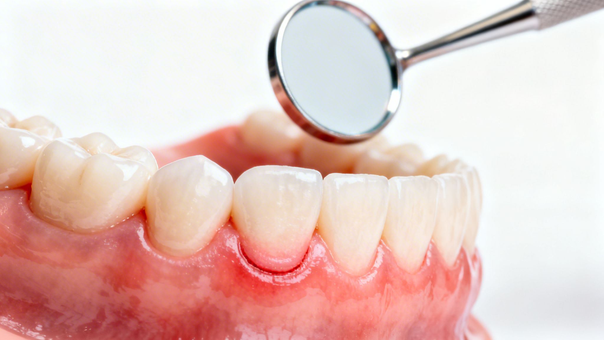 Close-up of a dental model showing lower teeth, inflamed gums, and a dental mirror, illustrating a gum issue.