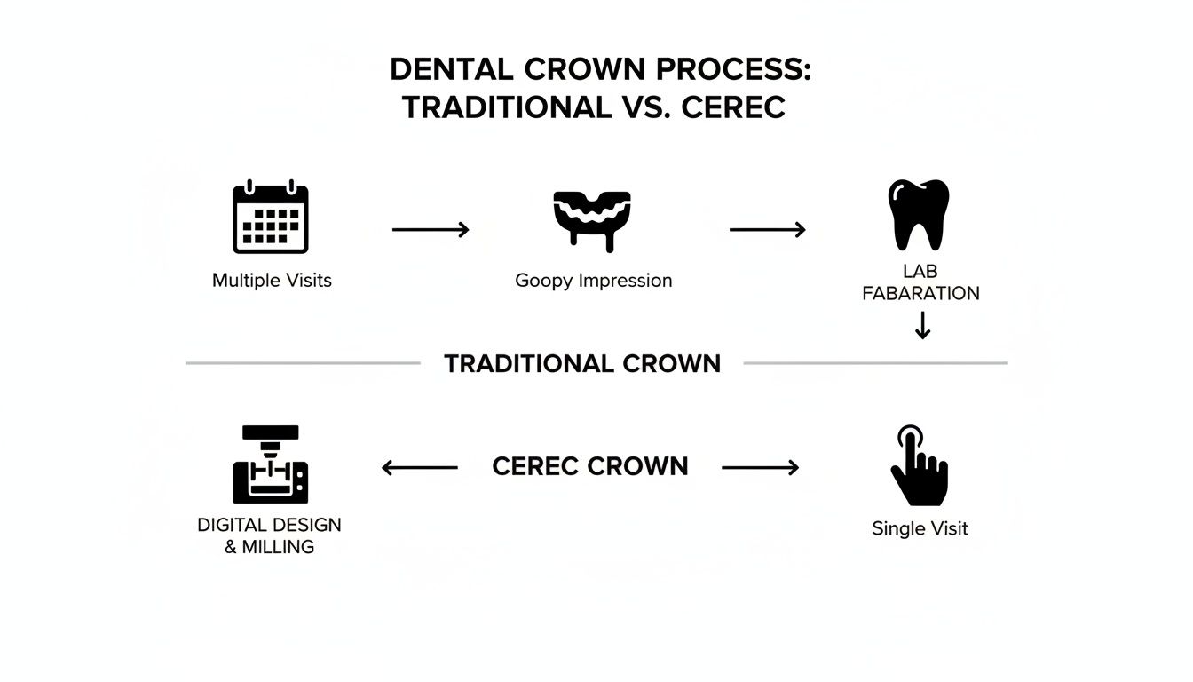 Flowchart illustrating traditional versus CEREC dental crown procedures, detailing steps and visit differences.