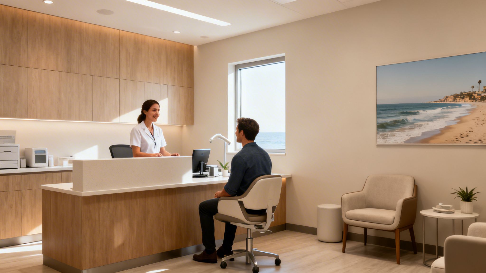 A smiling dental receptionist assists a patient at a modern office reception with ocean views.