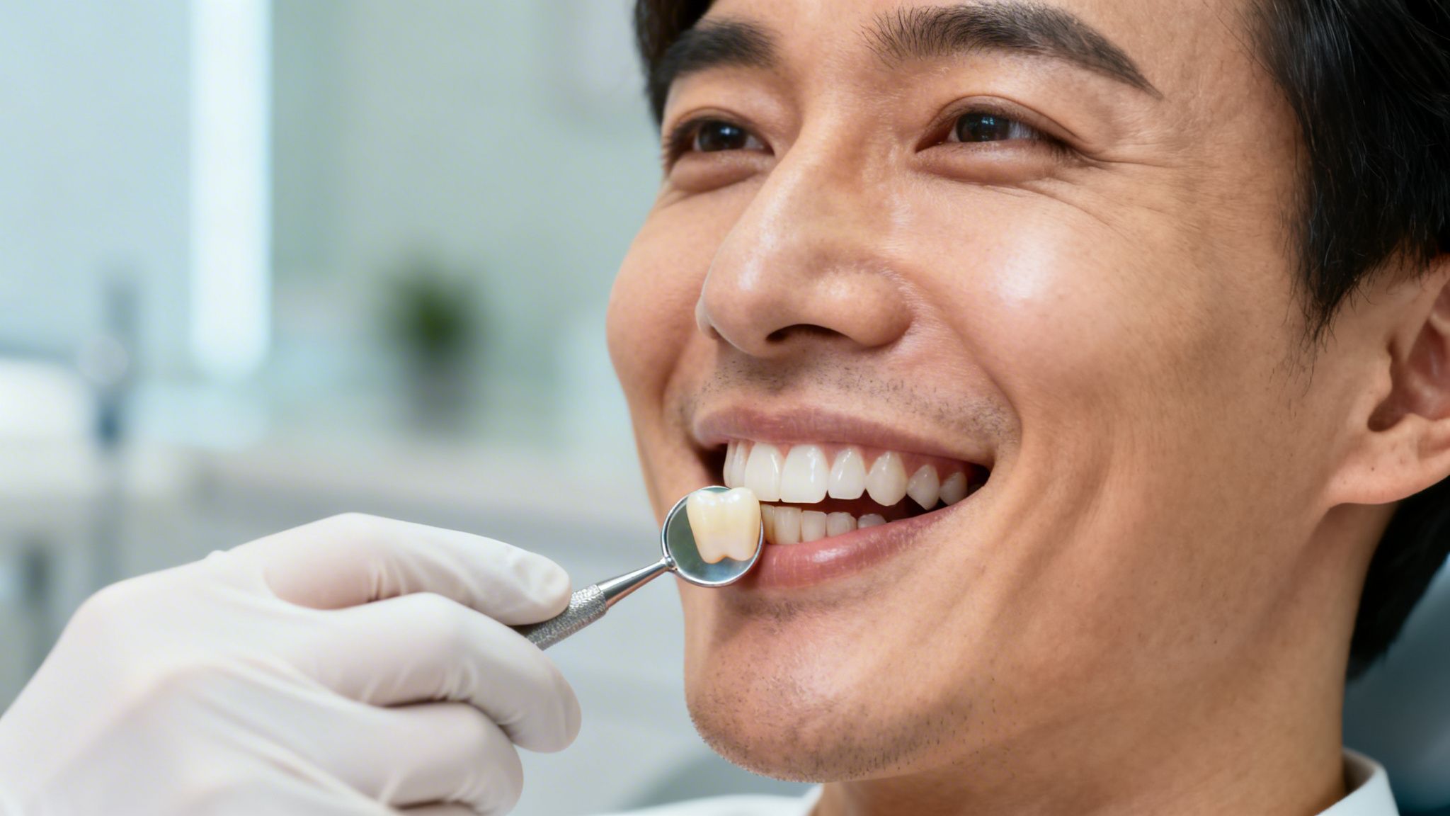 Dentist using a dental mirror to compare a tooth shade sample with a smiling man's teeth.