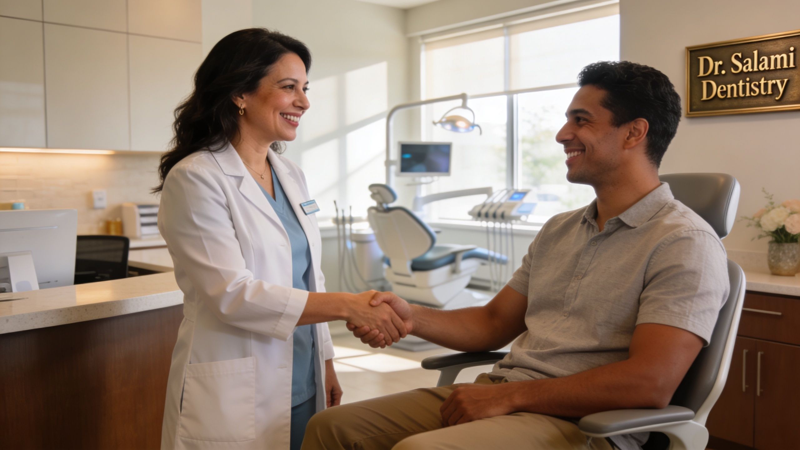 A friendly female dentist in a white coat shaking hands with a male patient in her office.