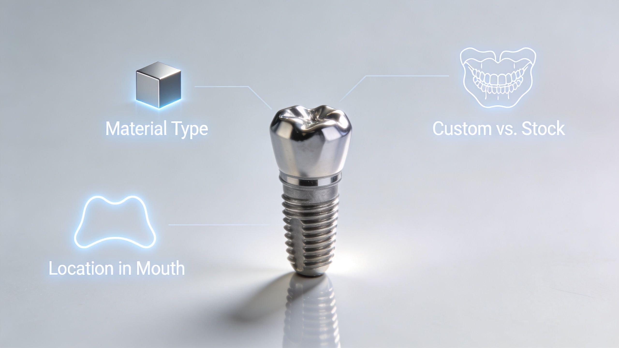 A metallic dental implant with glowing icons representing material, location, and customization options for tooth restoration.