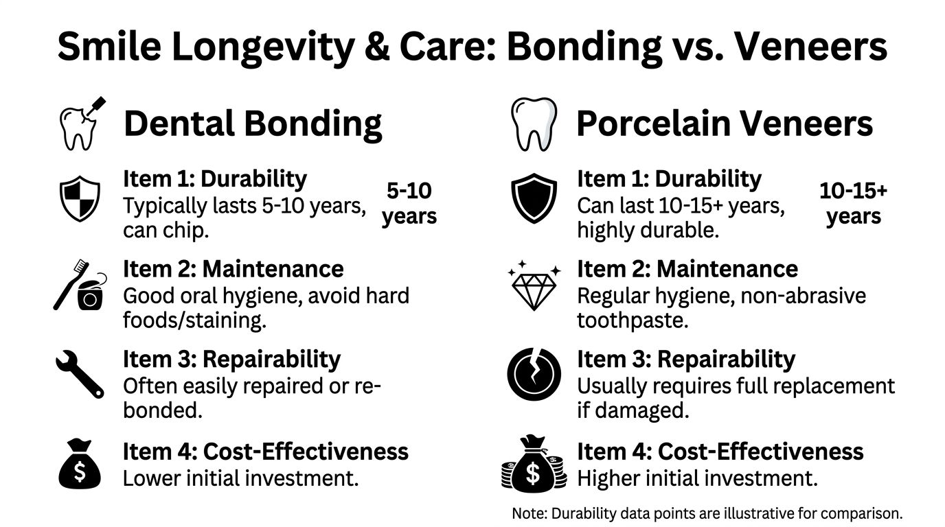 A comparison chart outlining the durability, maintenance, repairability, and cost-effectiveness of dental bonding versus porcelain veneers.
