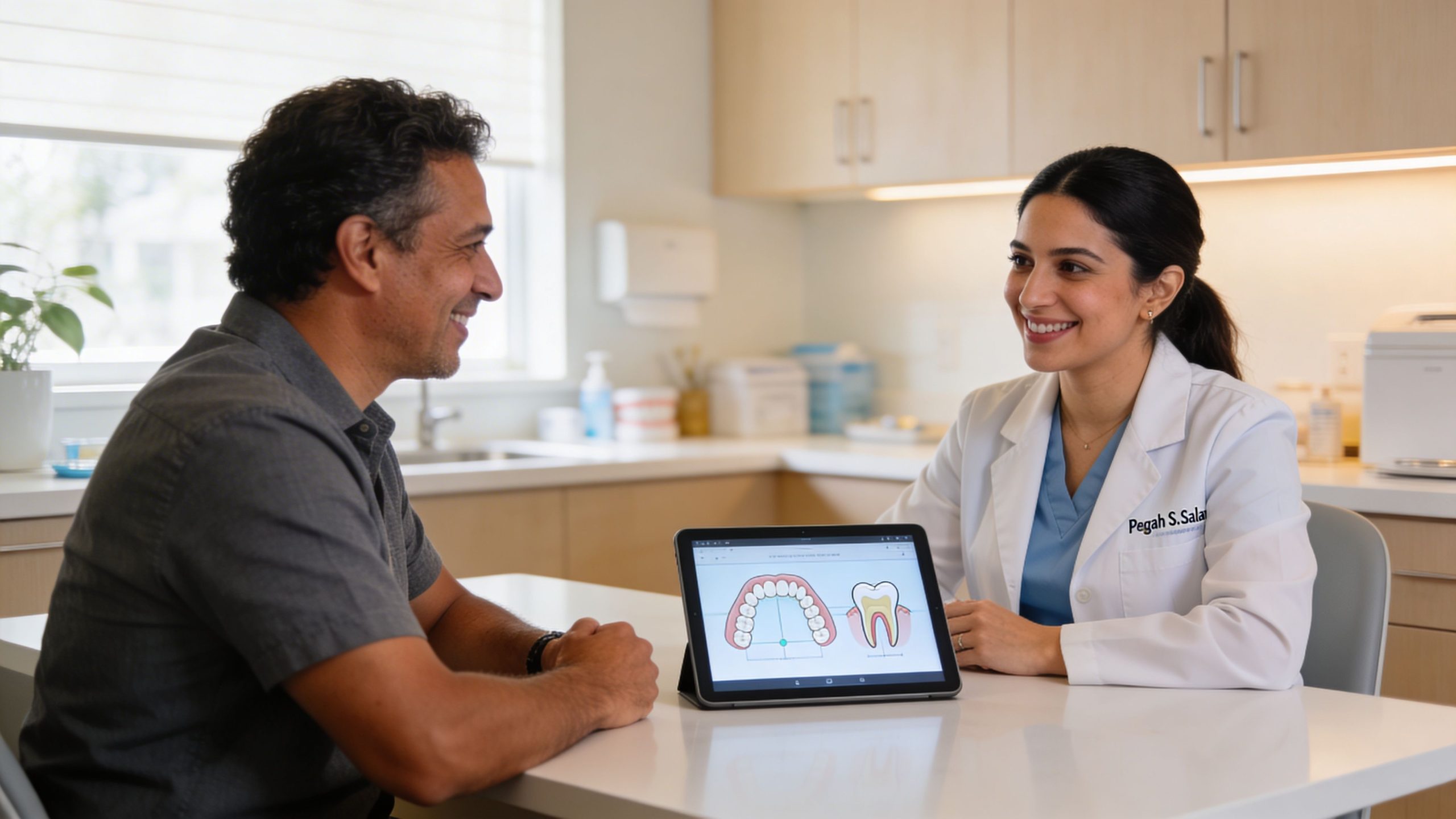 A friendly dentist explaining dental procedure options to a male patient using a tablet in a clinic.