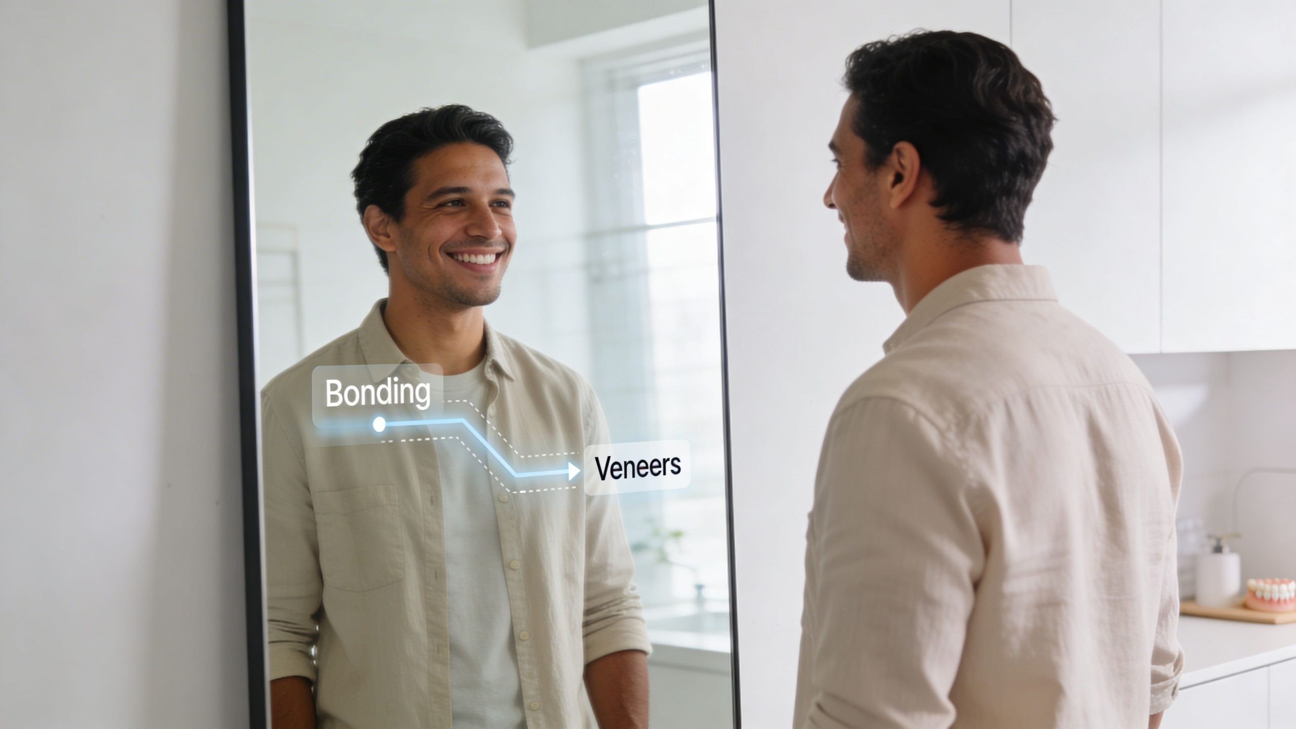 A man smiling at his reflection in a mirror comparing dental bonding and porcelain veneers treatment options.