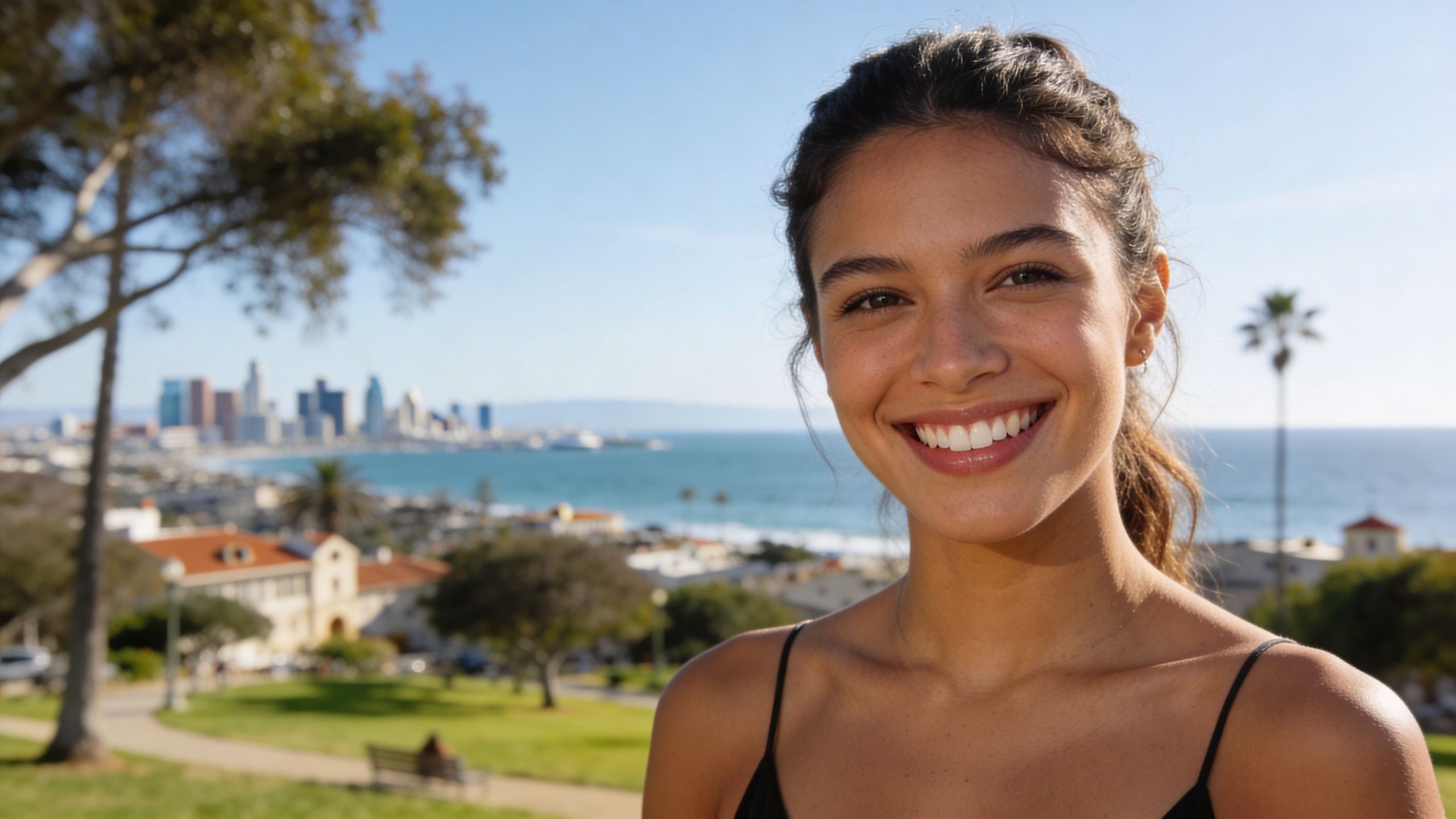 A happy woman with a bright, healthy smile standing outdoors with a scenic coastal city background.