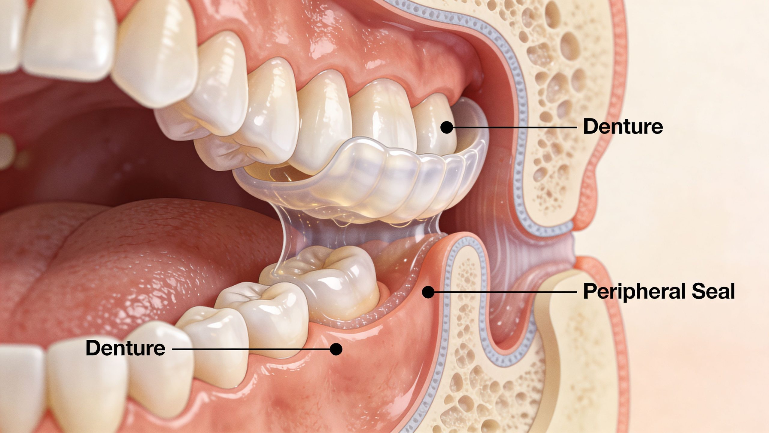 A 3D medical illustration showing how denture adhesive creates a peripheral seal for improved stability.