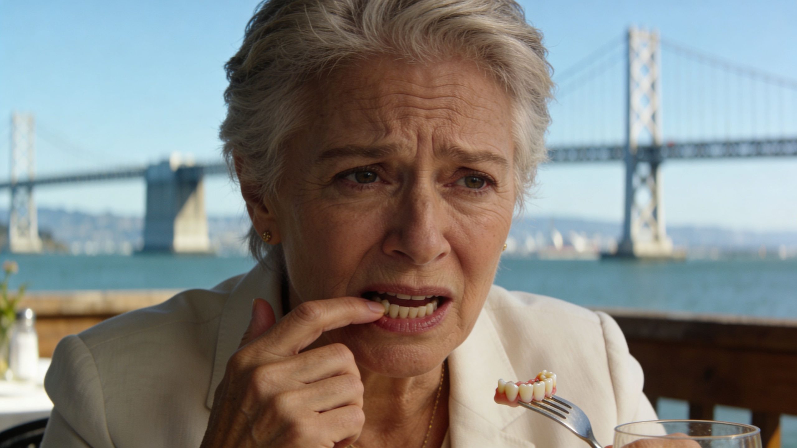 A woman holds a set of dentures on a fork while touching her mouth in discomfort.