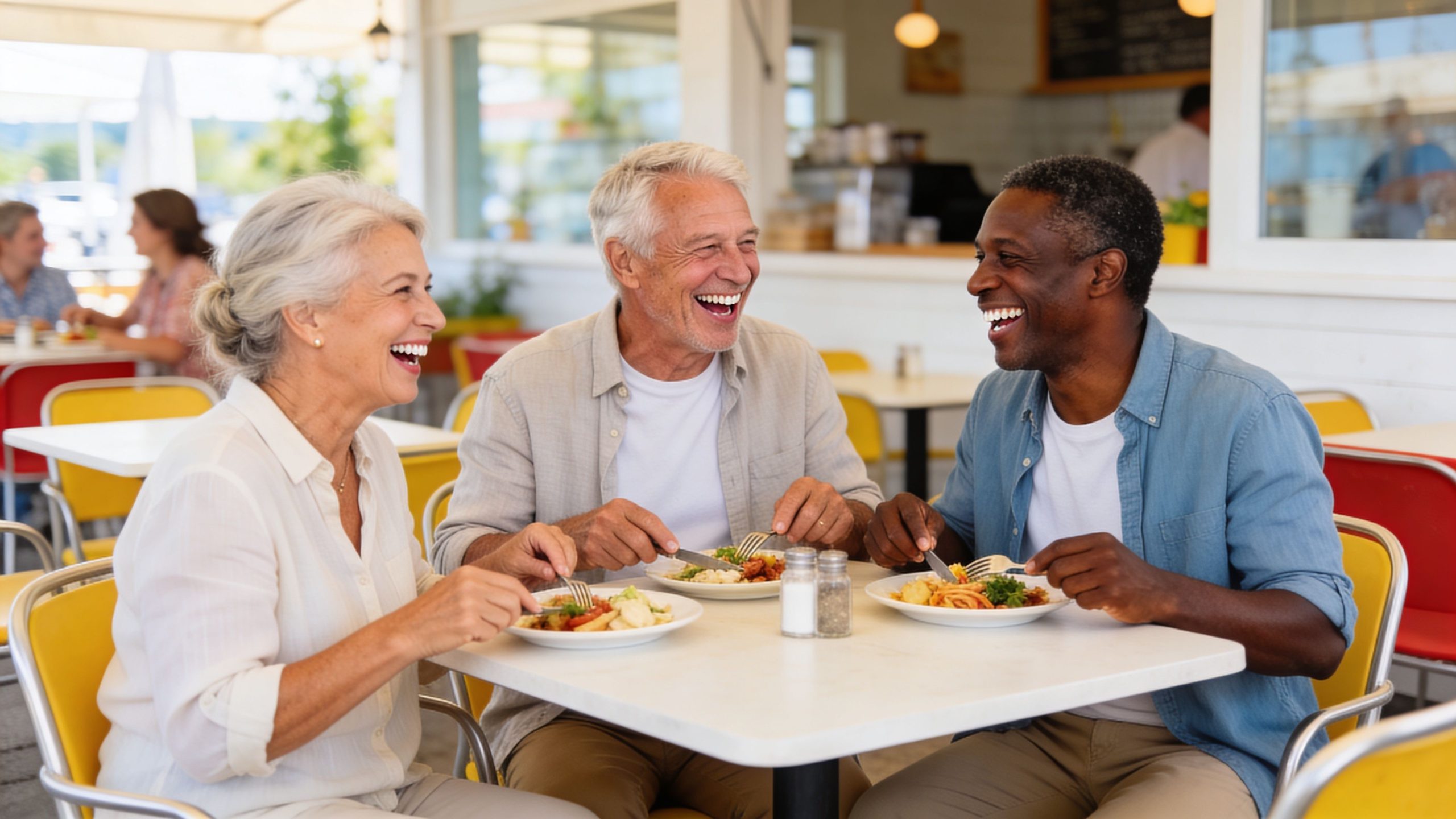 Three happy seniors laughing and eating together while sitting at a table in a bright restaurant.