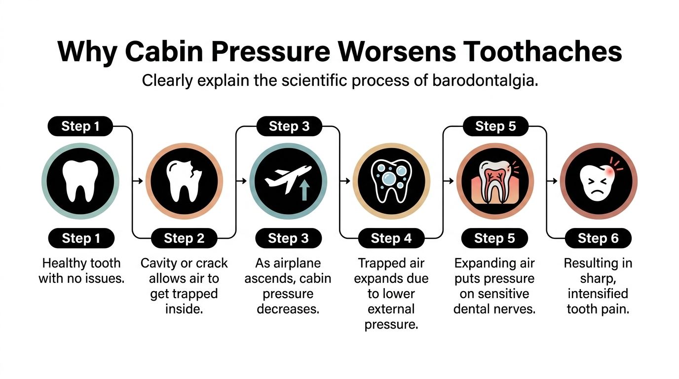 An infographic showing the scientific process of how airplane cabin pressure causes barodontalgia, or flying with a toothache.
