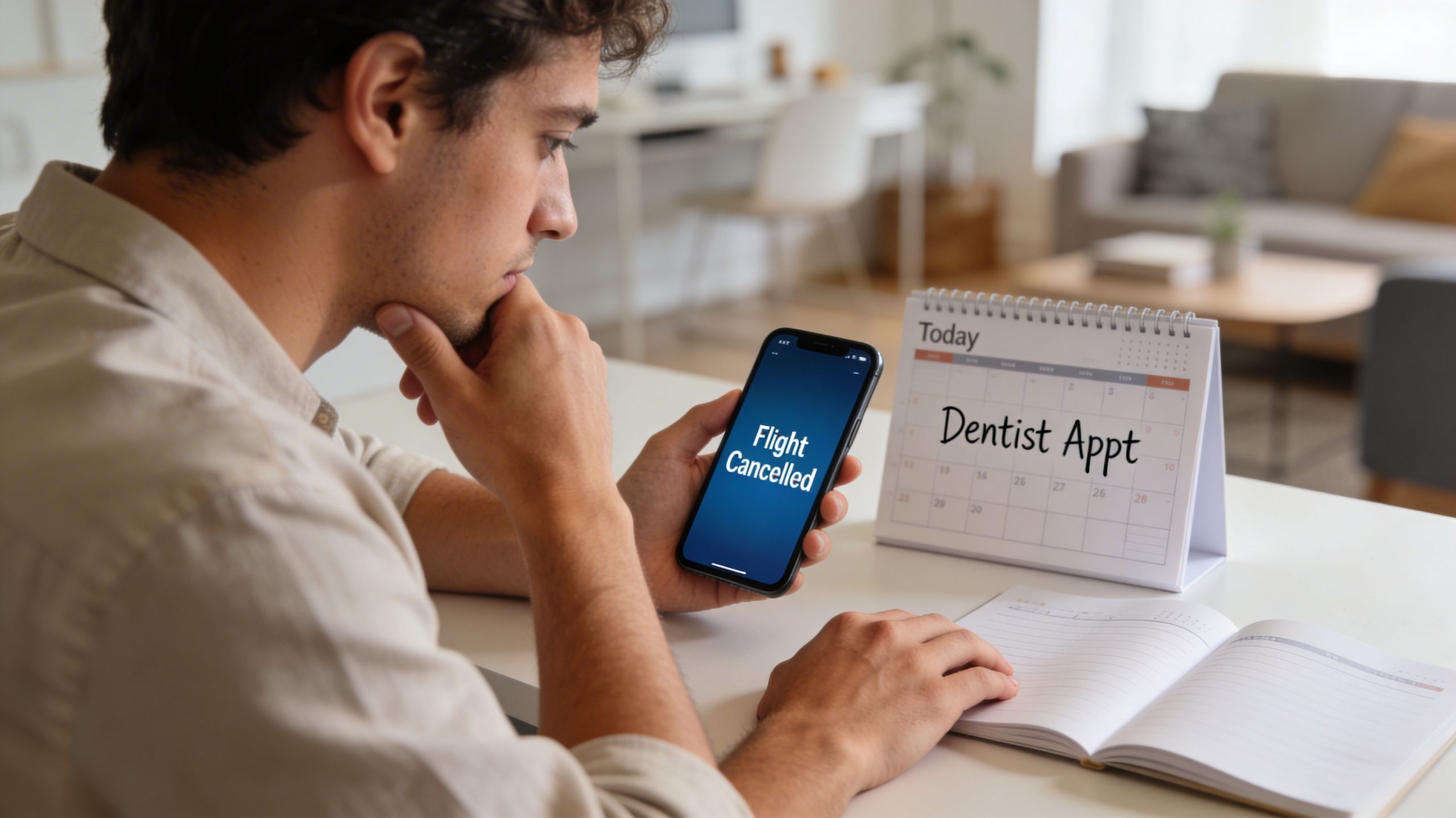 A concerned man holding a smartphone showing a flight cancelled notification next to a dental appointment calendar.