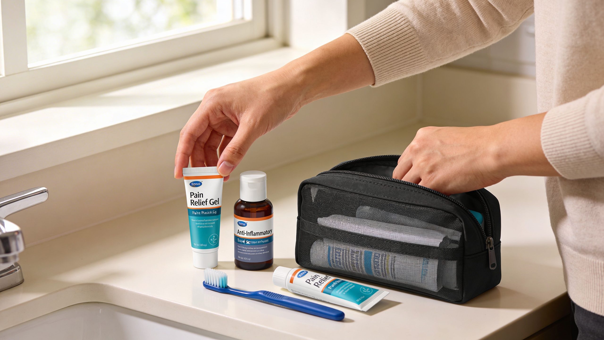 A person preparing a toiletries bag with pain relief medications and a toothbrush on a bathroom counter.