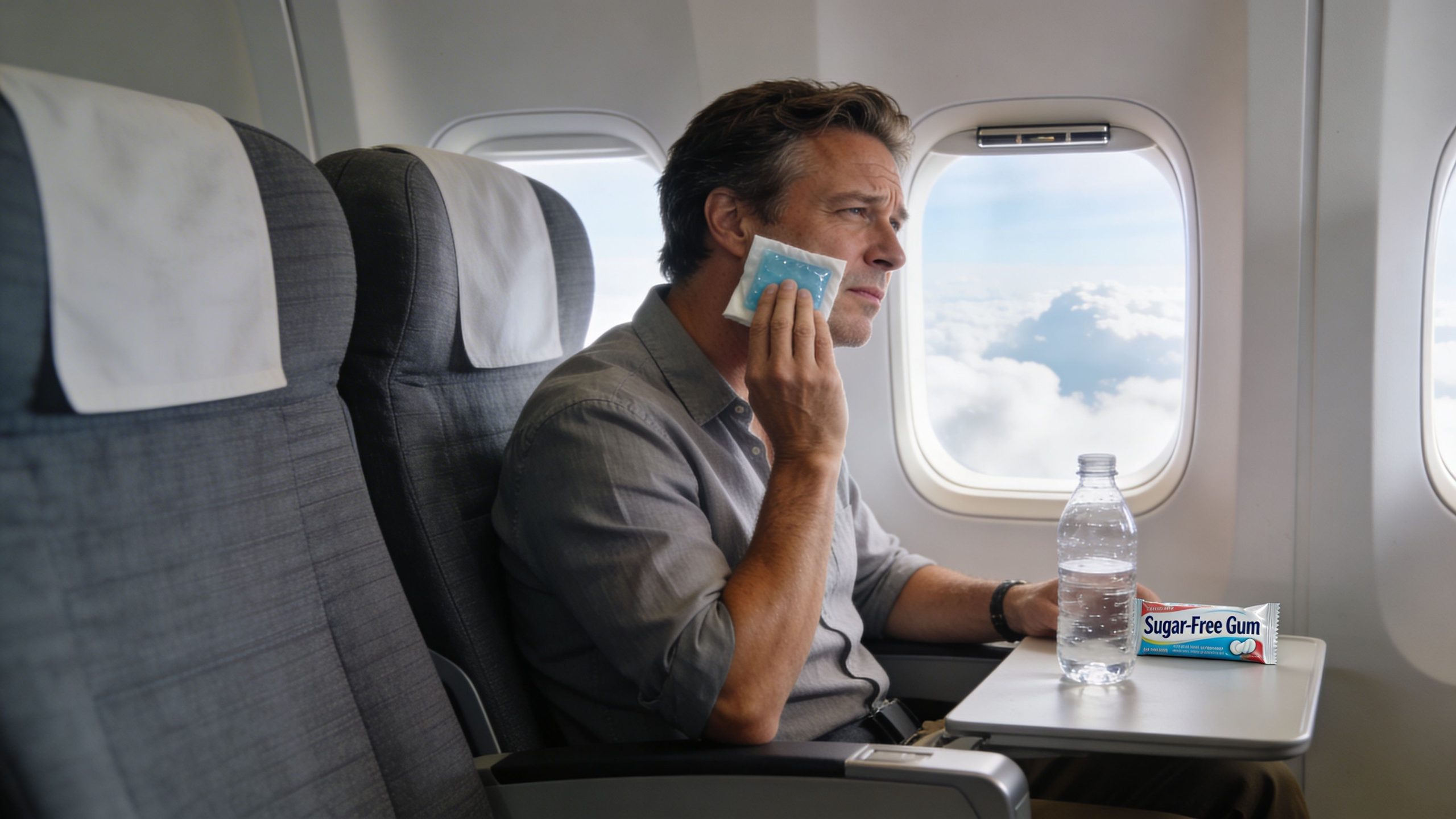 A man on an airplane holding a cold compress to his cheek while suffering from a toothache.