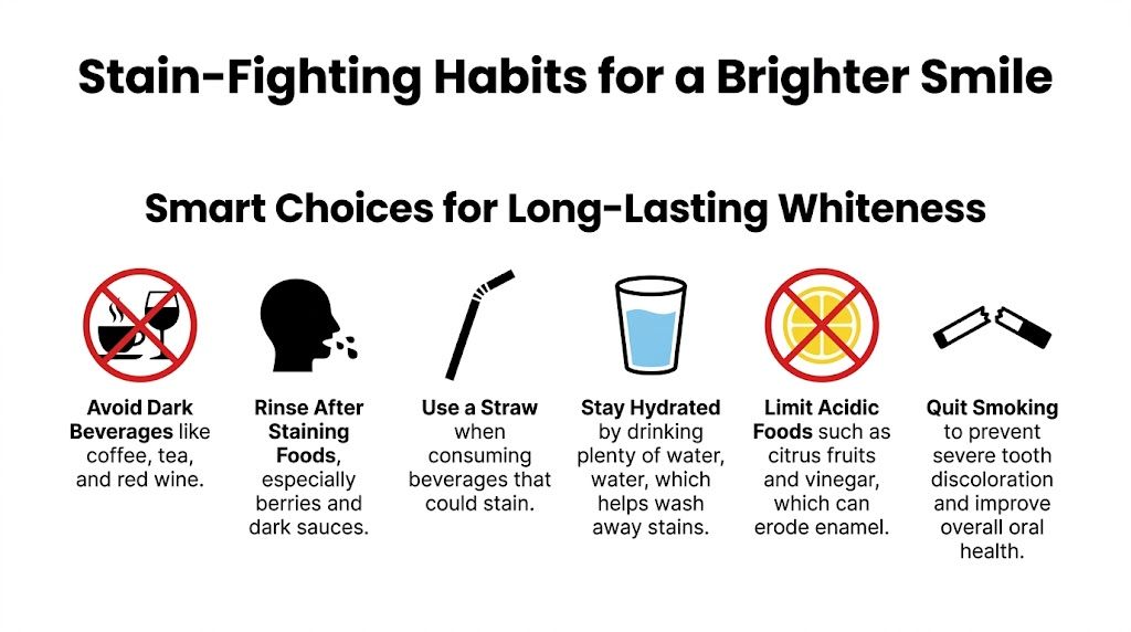 A dental health infographic offering tips to maintain teeth whitening by avoiding stain-causing foods and habits.