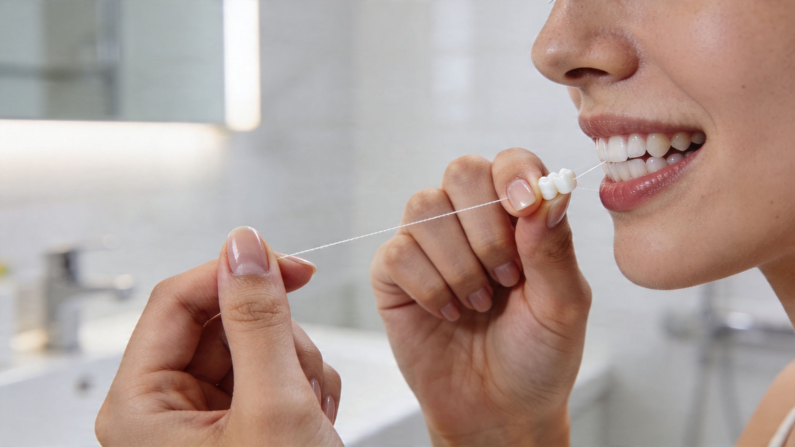 A close-up view of a woman using dental floss to clean between her white teeth in bathroom.