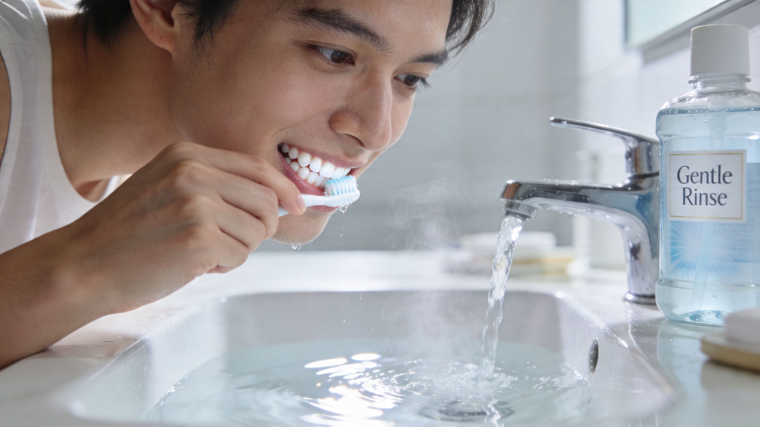 A smiling young man brushing his teeth in the bathroom while the sink faucet is running