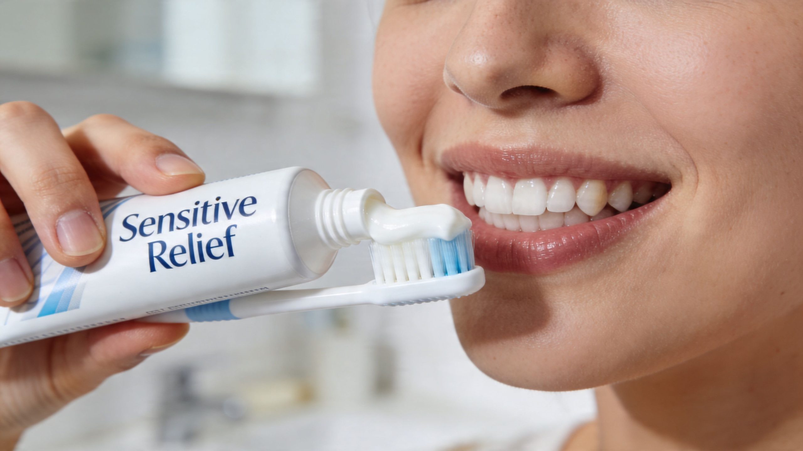 A person applying whitening toothpaste onto a toothbrush while smiling brightly at the camera in a bathroom.