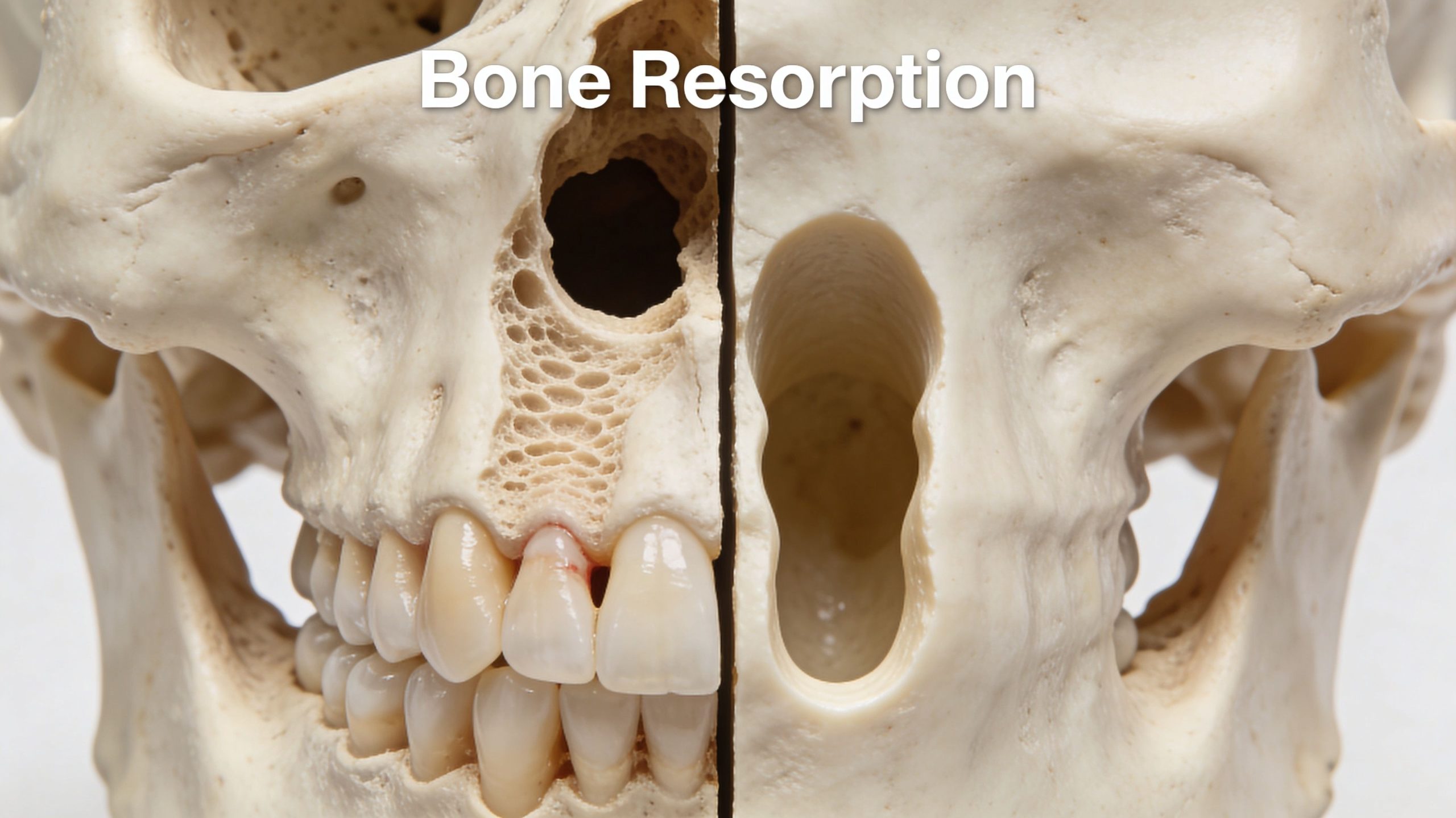 A split view comparison showing healthy dental bone structure versus significant bone resorption after tooth loss.