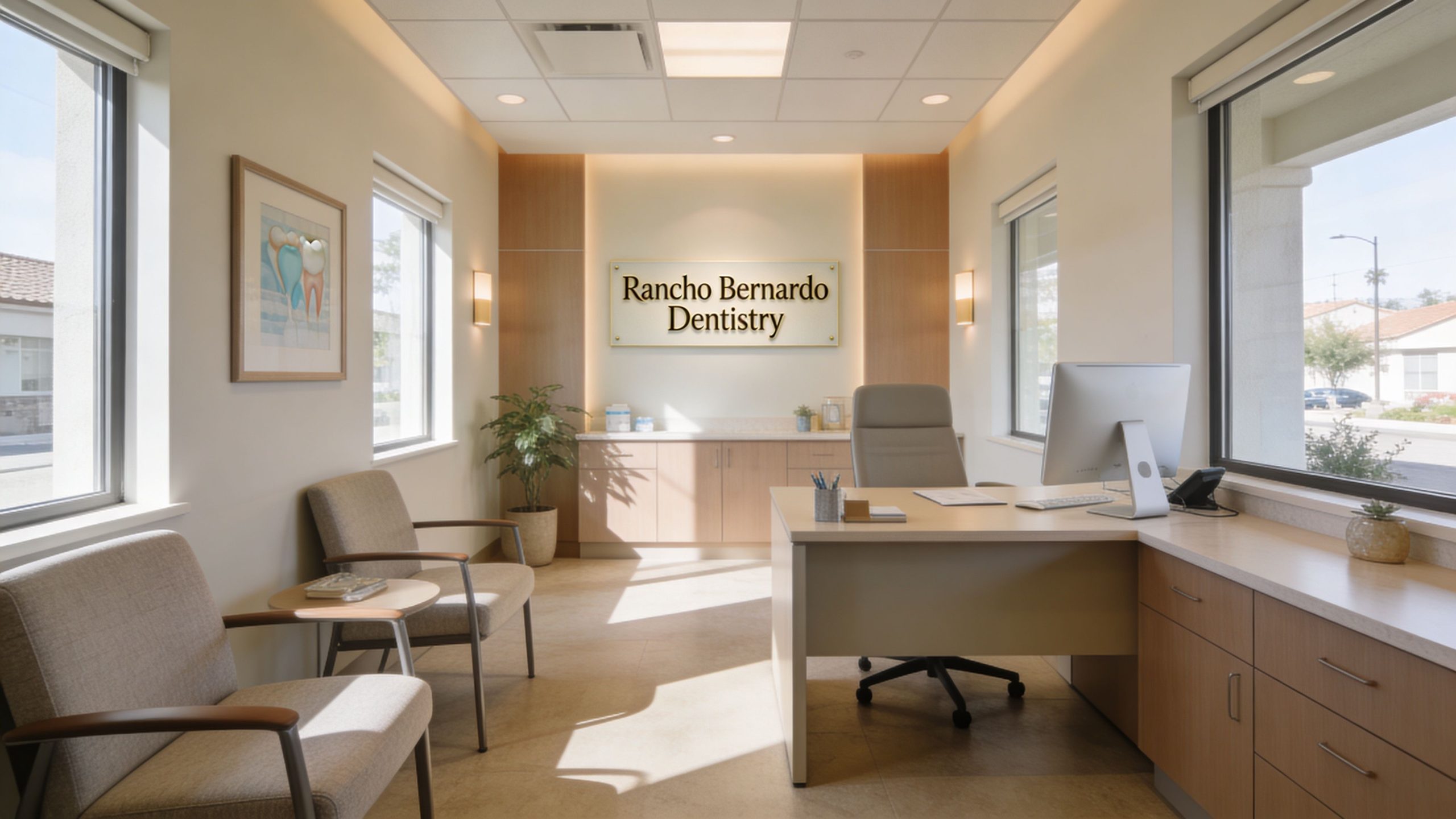 A professional and modern dental office reception area with a reception desk, chairs, and clinic branding.