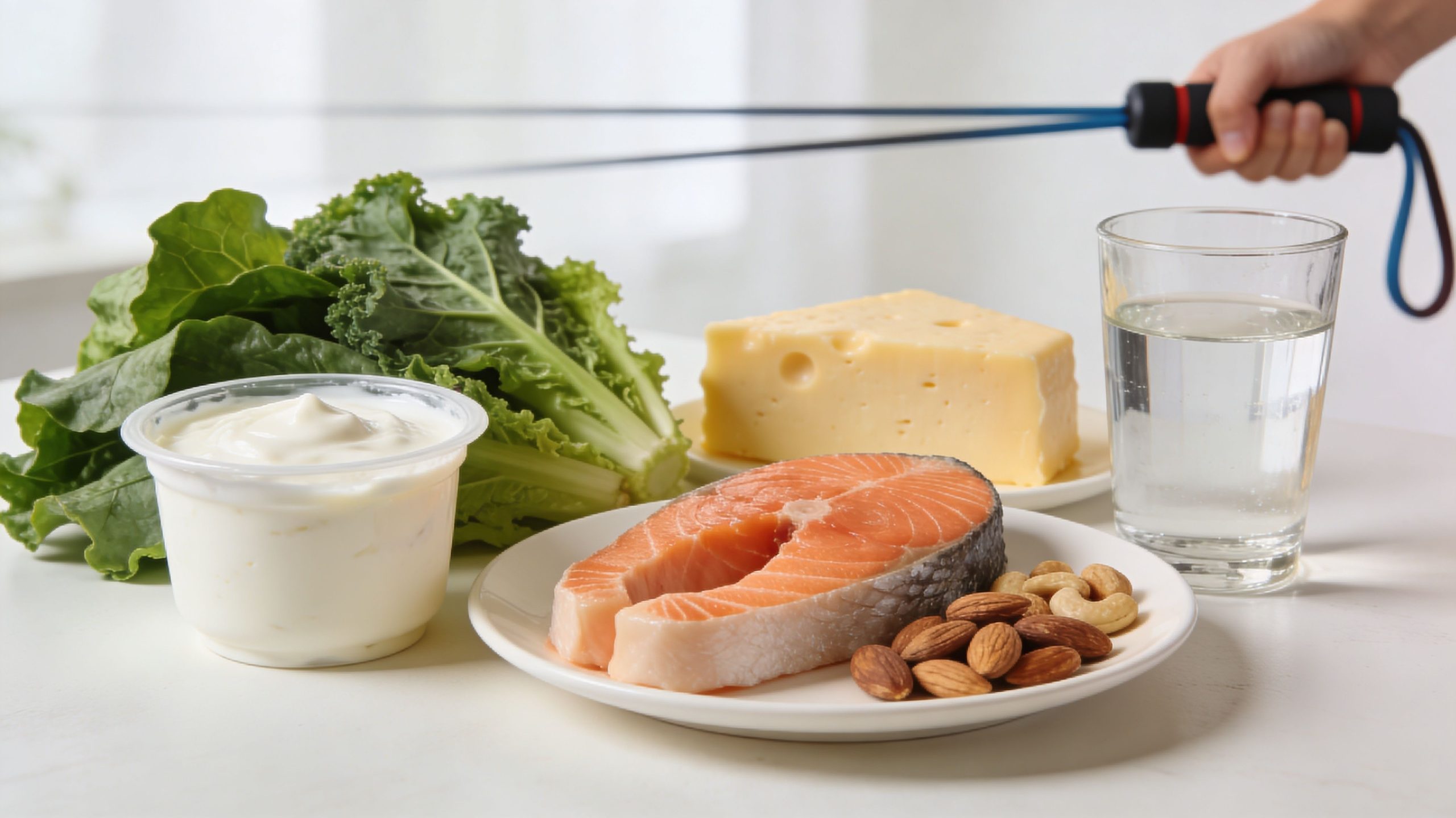 A healthy selection of food including salmon, kale, yogurt, cheese, and nuts for strong bone health.