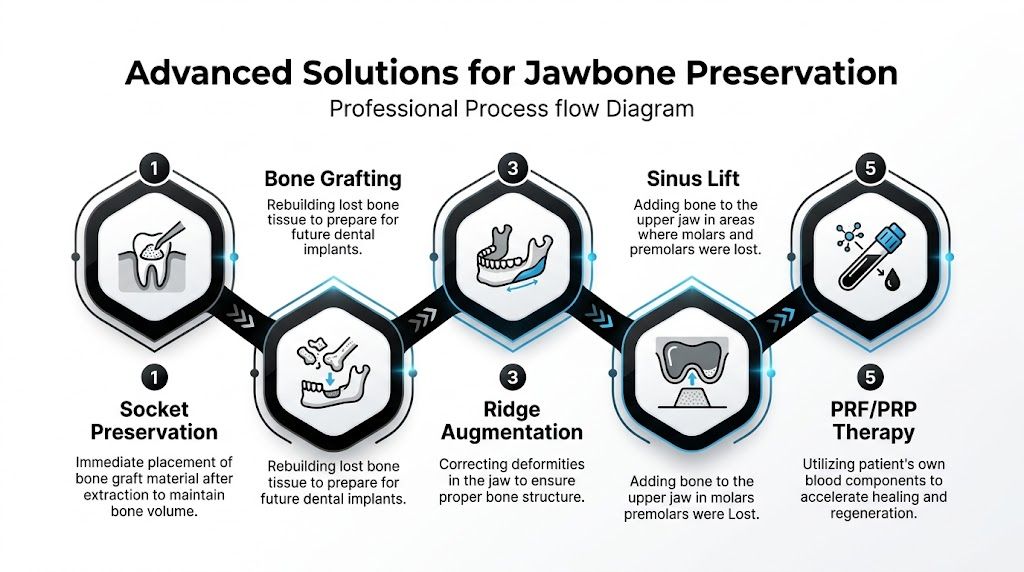 A professional infographic titled Advanced Solutions for Jawbone Preservation showing dental procedures like socket preservation and bone grafting.