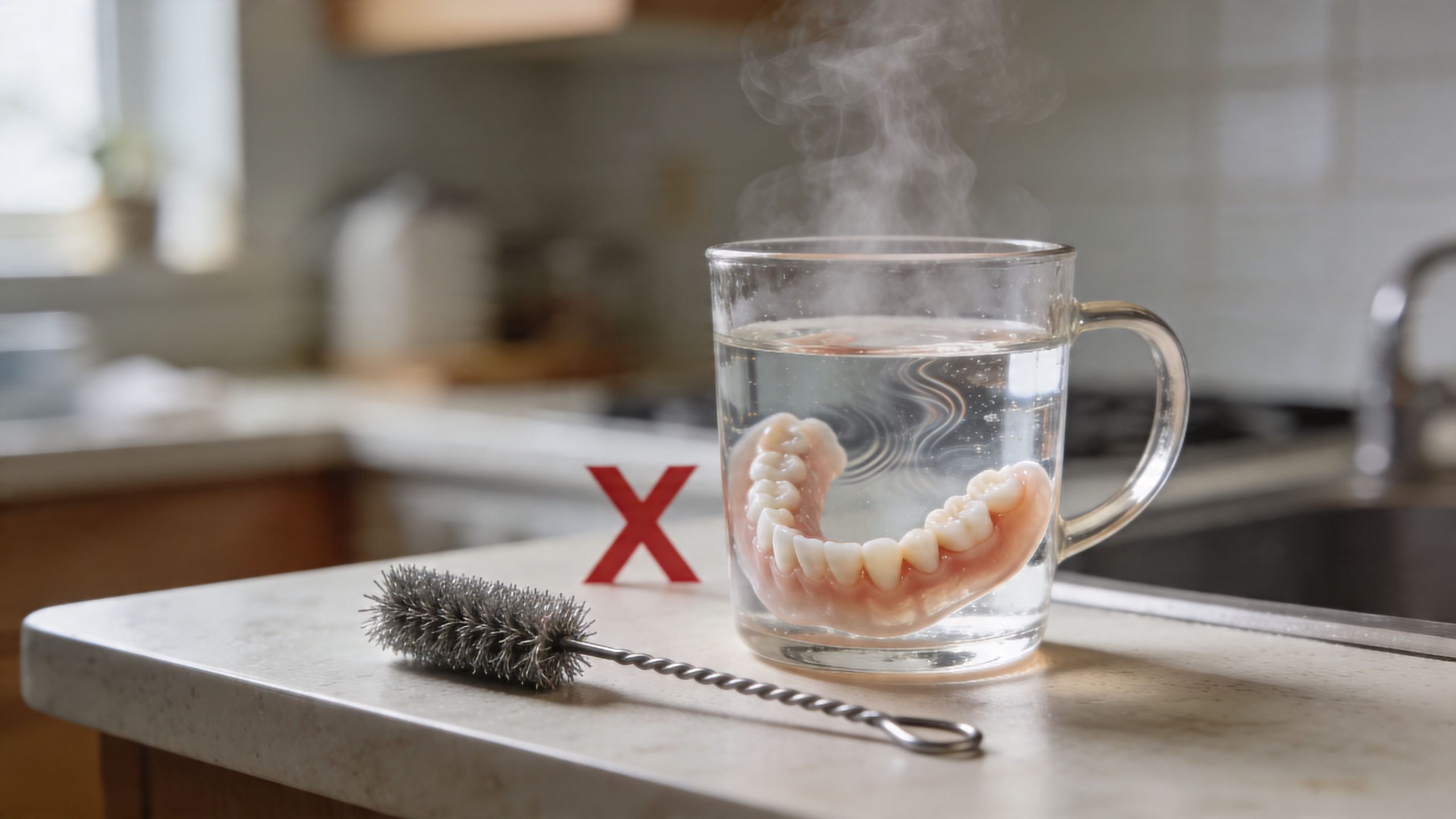 A red X mark beside a pair of dentures soaking in a glass of steaming hot water.