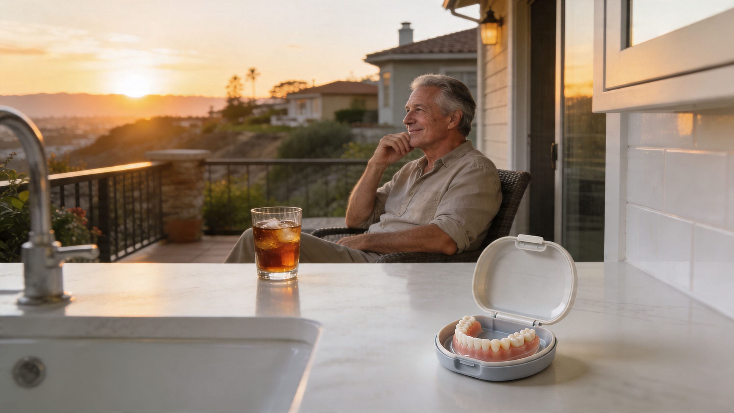 A man relaxes on a balcony at sunset next to a clean partial denture storage container case.